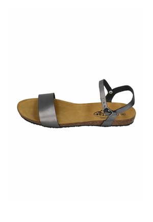 Gray leather sandal with a wide strap at the toe and an adjustable ankle strap. The footbed is tan, with a textured rubber sole.