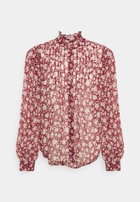 Blusa bordeaux trasparente con scollatura a volant, maniche lunghe e motivi floreali in tonalità chiare, con dettagli plissettati.