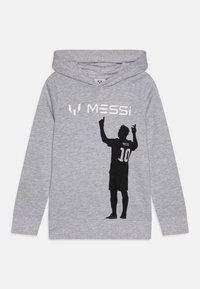 Haut à capuche gris en mélange de coton, avec une silhouette noire d'un joueur et le texte "MESSi" en blanc sur le devant. Capuche réglable.