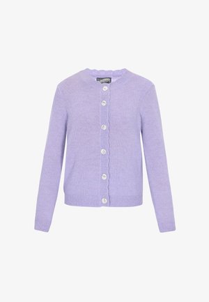Lila cardigan van zacht breiwerk, met een ronde hals, geschulpte randen en zes witte knopen aan de voorkant.