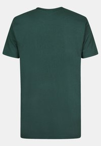 Zelené bavlněné tričko, krátké rukávy, kulatý výstřih, jednoduchý design, měkká textura, žádné viditelné loga nebo vzory, pohled zezadu.