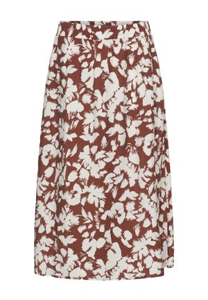 Jupe marron longueur genou avec imprimé floral abstrait blanc et taille ajustée.