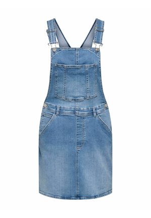 Robe salopette en denim bleu clair avec bretelles réglables, poche poitrine avant, poches latérales et détails à boutons sur fond blanc.