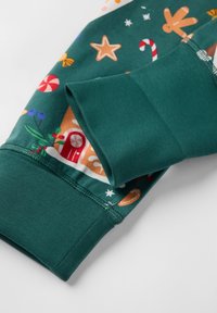 Vihreä neulepaita, jossa on kuvioidut hihnat, joissa on piparkakkutaloja, karkkiului ja tähtiä. Pehmeä kangas, jossa on ribbireunat ja näkyvät saumat.