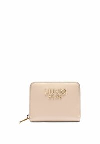Portafoglio in pelle beige con logo dorato in rilievo "LIU·JO MILANO", chiusura a zip e superficie liscia. Presenta una forma rettangolare e bordi arrotondati.