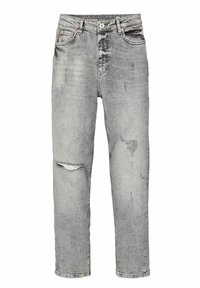 Jean en denim gris avec taille haute, coupe droite, et détails usés comprenant un genou déchiré et une légère décoloration.