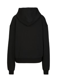 Zwarte cropped hoodie van zachte stof, met een capuchon met trekkoord, lange mouwen en ribgebreide manchetten en onderrand. Geen zichtbare logo's of patronen.