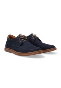 Navy blue suede shoes with perforated texture, brown rubber sole, and light brown laces. Features a smooth, rounded toe design.