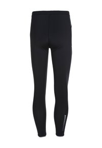 Zwarte sportlegging met een gladde textuur, uitgerust met een hoge tailleband, zijzak en reflecterende accenten nabij het onderbeen.