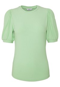 T-shirt verde chiaro a coste con collo rotondo e maniche corte a sbuffo. Realizzato in un tessuto elasticizzato, presenta una silhouette aderente.