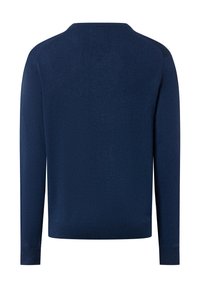 Marineblauwe pullover trui met een ronde hals, lange mouwen en een gladde, ongeweven afwerking. Klassieke pasvorm, zonder zichtbare patronen of accenten.