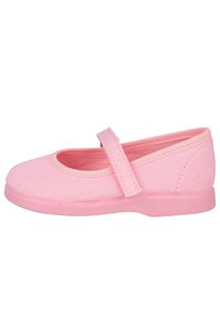 Zapato Mary Jane de tela rosa claro con punta redonda, suela plana y una correa desmontable a través del empeine. Textura suave con un diseño simple.
