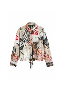 Kortærmet, krave skjorte i letvægtsstof, med et tropisk blade-design i sort, rød og beige samt et bånd i taljen.