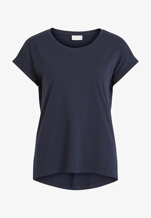 Tumesinise värviga lühikeste varrukatega t-särk ümara kaelusega ja kergelt kõverdatud äärega, valmistatud siledast kangast.