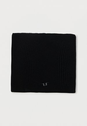 Black ribbed knit neck warmer with a small black metal logo emblem on the lower side, laid flat on a white background.
