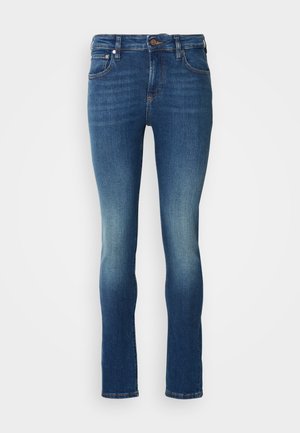 Dark blue denim jeans with a fitted silhouette, featuring five pockets, a button closure, and subtle fading along the thighs.