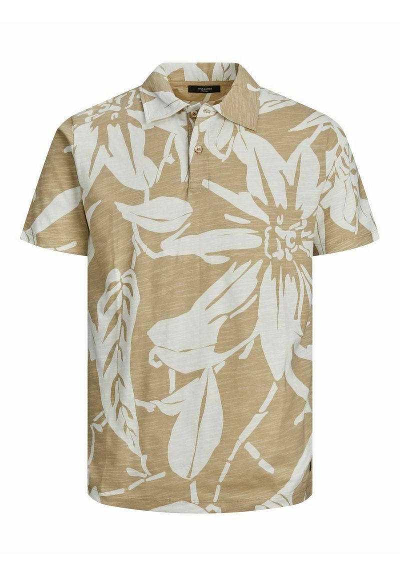 Short-sleeve polo shirt in beige with large white floral pattern, collared neck, and three-button placket. Soft, textured fabric.