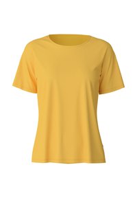 Geel t-shirt met korte mouwen en een ronde hals, gemaakt van zachte stof. Heeft een ontspannen pasvorm en een naadloos ontwerp. Geen patronen of accenten.