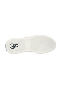 Suela de zapato blanco con textura de espiga, con un acento de logo negro cerca del talón y una sección media lisa para mejorar la tracción.