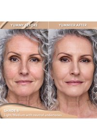 Vorher-Nachher-Vergleich der Haut auf dem Gesicht einer Frau, der eine verbesserte Textur und einen verbesserten Teint durch eine Foundation in einem hellen/mittleren Farbton zeigt.