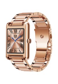 Rektangulär roséguldklocka med romerska siffror, svart kant, blå visare och ett metallarmband med polerad finish och lås.