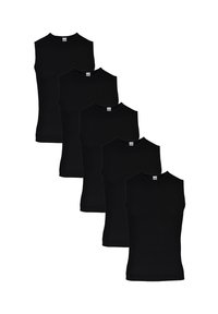 Fünf schwarze ärmellose Unterhemden sind aufgereiht. Sie bestehen aus glattem Stoff, haben einen runden Halsausschnitt und eine enge, figurbetonte Passform.