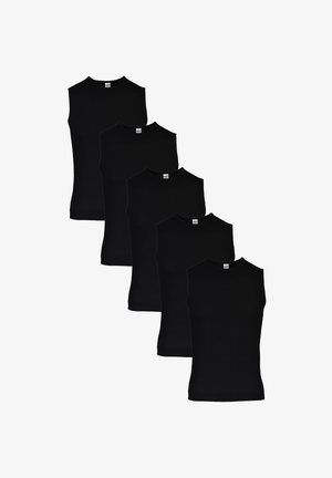 Vijf zwarte mouwloze onderhemden op een rij. Gemaakt van soepel stof, ze hebben een ronde halslijn en een strak, aansluitend model.