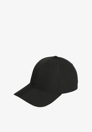 Černá baseballová čepice z látky s kulatou korunou, zakřiveným kšiltem a šesti větracími otvory, s jemným šitím jako detailem.