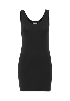 Black tank dress, sleeveless with a scoop neckline, made of smooth fabric. Fitted silhouette, no patterns or embellishments present.