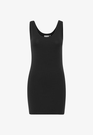 Black tank dress, sleeveless with a scoop neckline, made of smooth fabric. Fitted silhouette, no patterns or embellishments present.