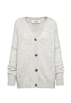 Light gray knitted cardigan with a V-neck, button front, ribbed cuffs and hem, featuring wooden buttons and a soft texture.