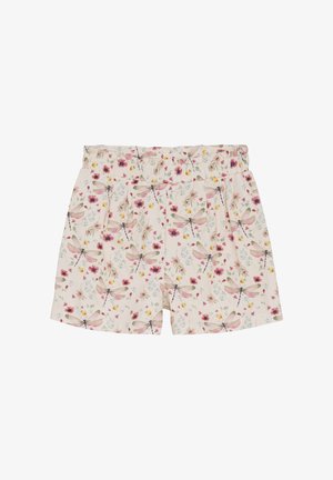Shorts à imprimé floral avec un fond crème, une taille élastique et un design plissé, ornés de libellules roses et de fleurs colorées.