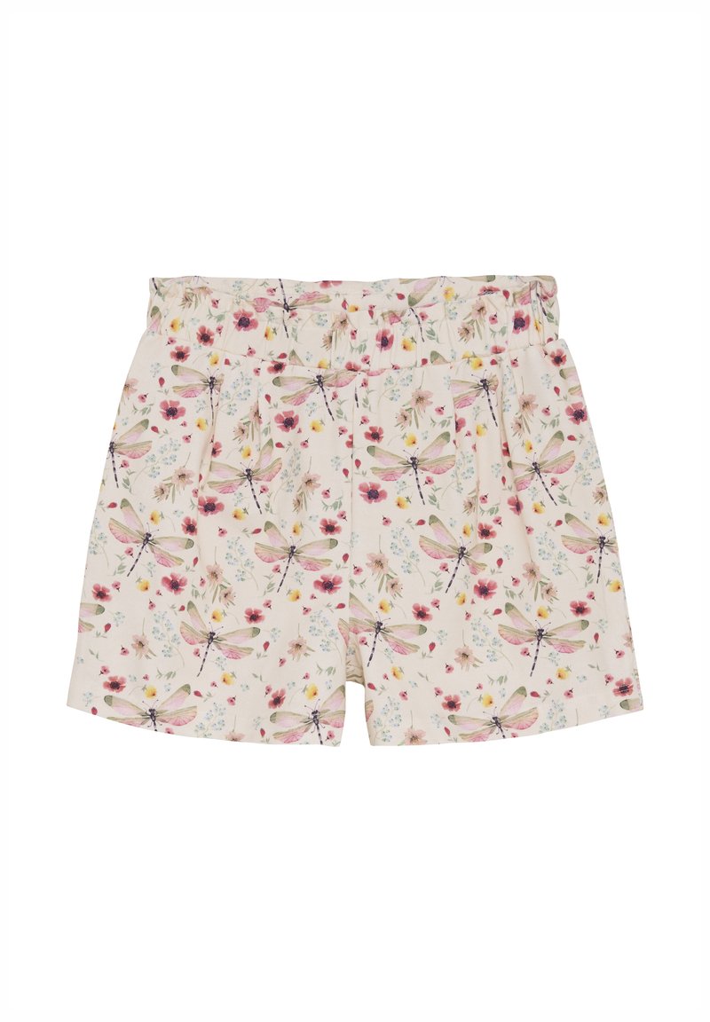 Blomsterprint shorts med en cremefarvet baggrund, elastisk talje og plisseret design med pink drager og farverige blomster.