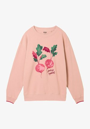 Roosa dressipluus, millel on graafika kahest redisest ja rohelisest lehest. Allpool on kiri "feel inspiring". Puuvillane materjal koos soonikkoes varrukaäärtega.