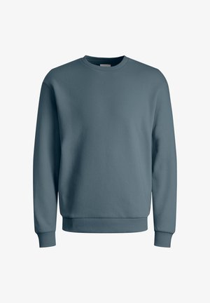 Felpa a maniche lunghe effetto semplice, con colletto rotondo, di colore blu smorzato, con polsini e orlo a costine, esposta su uno sfondo bianco.