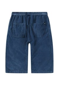 Pantaloni corti in velluto a coste blu con vita elastica, dotati di due tasche posteriori, tessuto testurizzato e vestibilità rilassata.