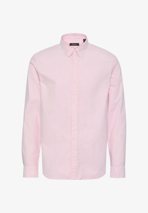 Długi rękaw, jasnoróżowa koszula zapinana na guziki wykonana z bawełnianego materiału. Posiada klasyczny kołnierzyk, zapięcie na guziki z przodu oraz prosty dół.