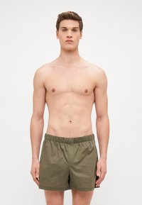 Shorts de bain verts olive avec une taille élastique, fabriqués en tissu léger ; présentent une coupe décontractée et un design simple.