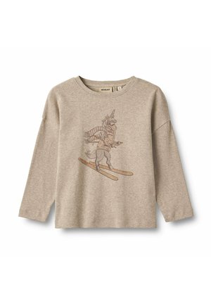 Beige Langarmshirt aus weichem Stoff, mit einem gedruckten Einhorn, das Ski fährt, und einem gestreiften Schal sowie einem Sweaterdesign.
