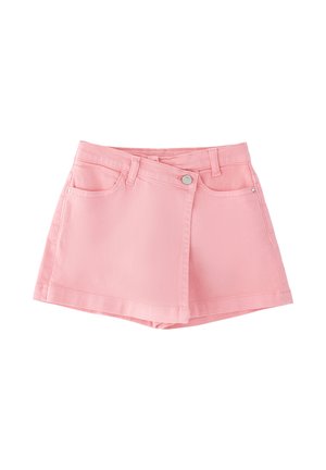 Skort in denim rosa a vita alta con passanti per cintura, bottone frontale e due tasche anteriori, mostrato su sfondo bianco.