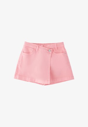 Skort in denim rosa a vita alta con passanti per cintura, bottone frontale e due tasche anteriori, mostrato su sfondo bianco.