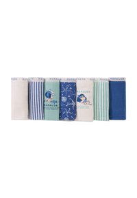 Six pairs of patterned socks. Materials vary, with colors including white, blue, green, and blue stripes. Each has distinct designs and prints.