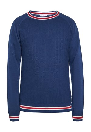 Marineblauwe trui met lange mouwen met wit en rood gestreepte bies bij de kraag, manchetten en zoom, gemaakt van gestructureerde gebreide stof.