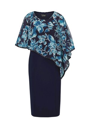 Bloemmotief jurk met een marineblauwe onderkant en een doorzichtige blauwe bloemenoverlay, asymmetrisch ontwerp en korte mouwen. Zachte textuur.