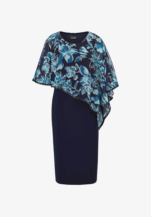 Bloemmotief jurk met een marineblauwe onderkant en een doorzichtige blauwe bloemenoverlay, asymmetrisch ontwerp en korte mouwen. Zachte textuur.