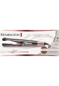 Outil de coiffage 2-en-1 Remington avec plaques ondulées, accents noir et or rose, contrôle de chaleur numérique, conçu pour boucler et lisser.