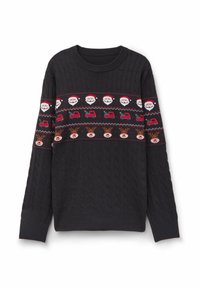 Czarny dziany sweter ze wzorem warkocza, z świątecznym poziomym motywem twarzy Świętego Mikołaja, reniferów i ciężarówek w kolorach czerwonym i zielonym.