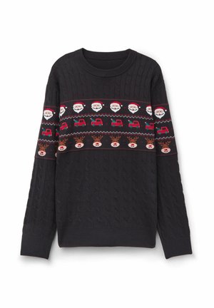 Černý pletený svetr s copánkovým vzorem, zdobený slavnostním horizontálním motivem Santa Clausových tváří, sobů a nákladních aut v červené a zelené barvě.
