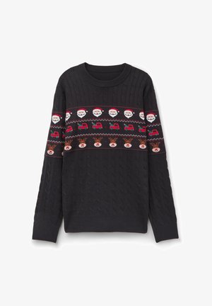 Sort strikket sweater med kabelmønster, der har et festligt horisontalt mønster af julemandens ansigter, rensdyr og lastbiler i rød og grøn.
