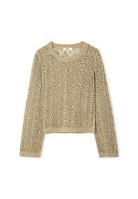 Gestrickter, gekürzter Pullover in Gold mit einem strukturierten, spitzenmuster, ausgestattet mit langen Ärmeln und einem abgerundeten Halsauschnitt.